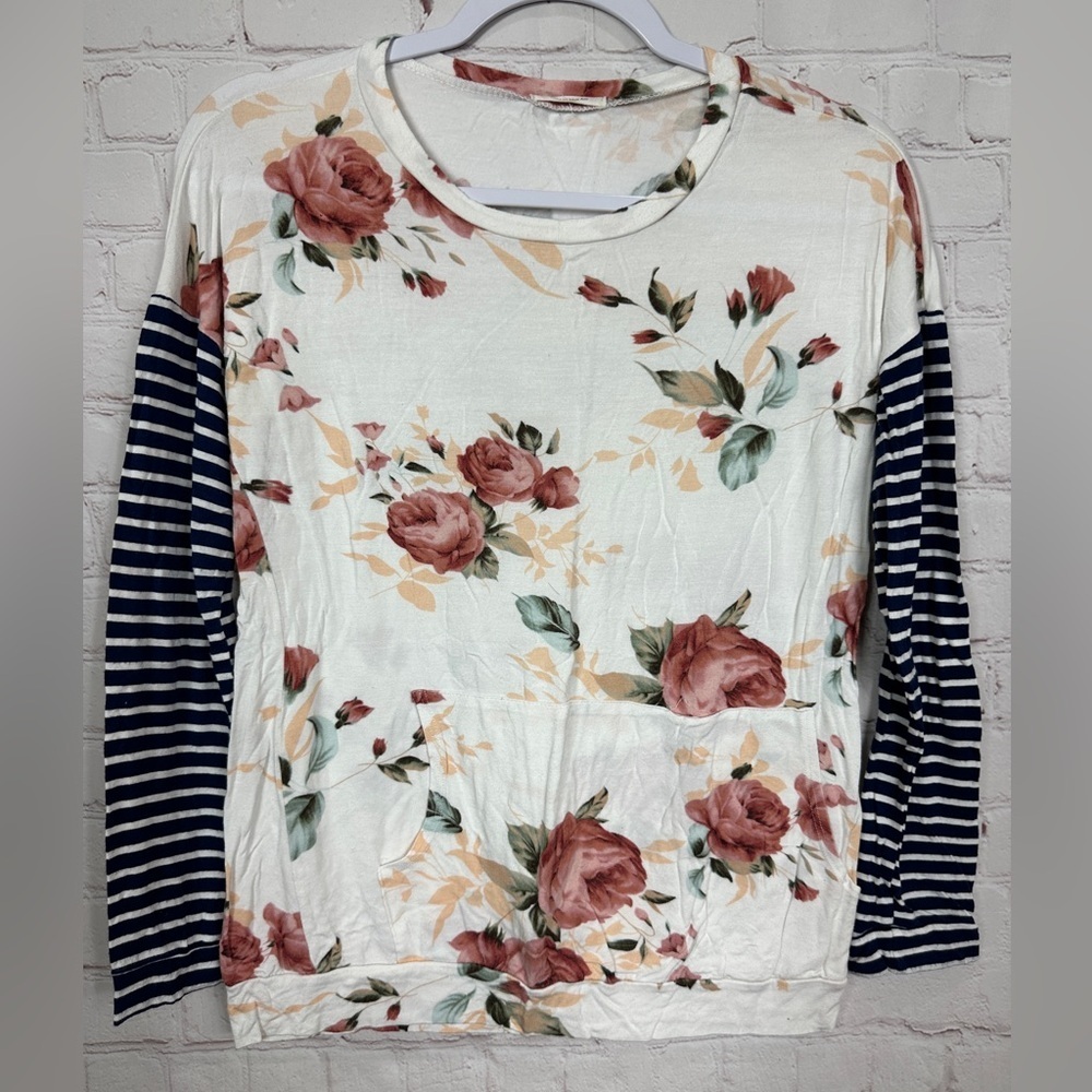 12pm by Mon Ami Womens long sleeve floral striped knit top blouse shirt, sz S